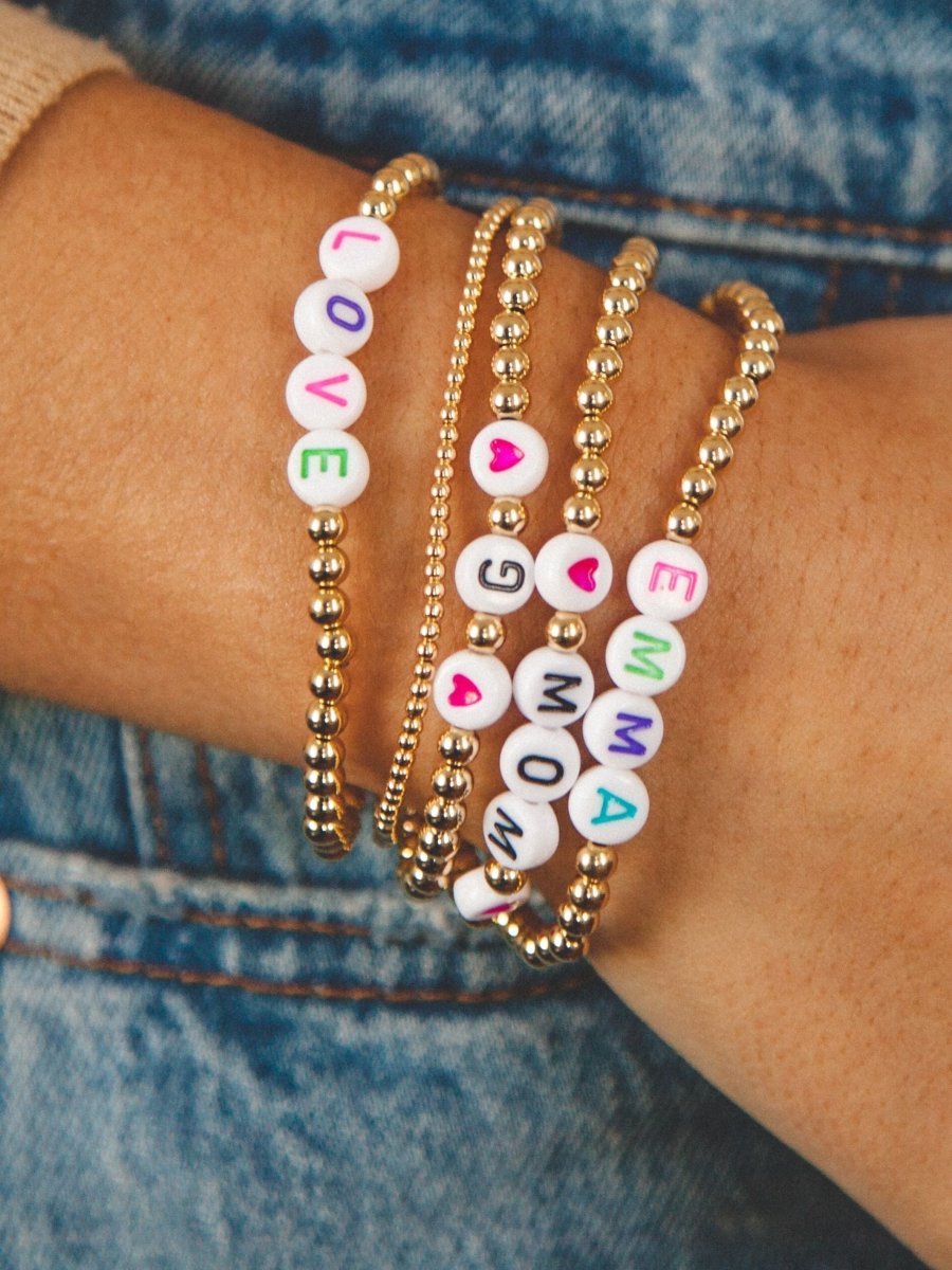 Custom Name Everyday Stretch Bracelet | LeMel XSmall - 6" / White Bead Gold Letter / Gold