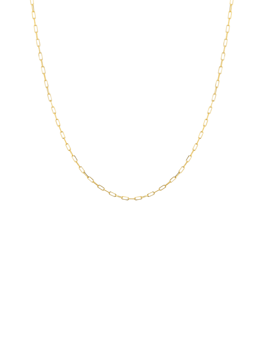 Dainty gold chain necklace on a white background