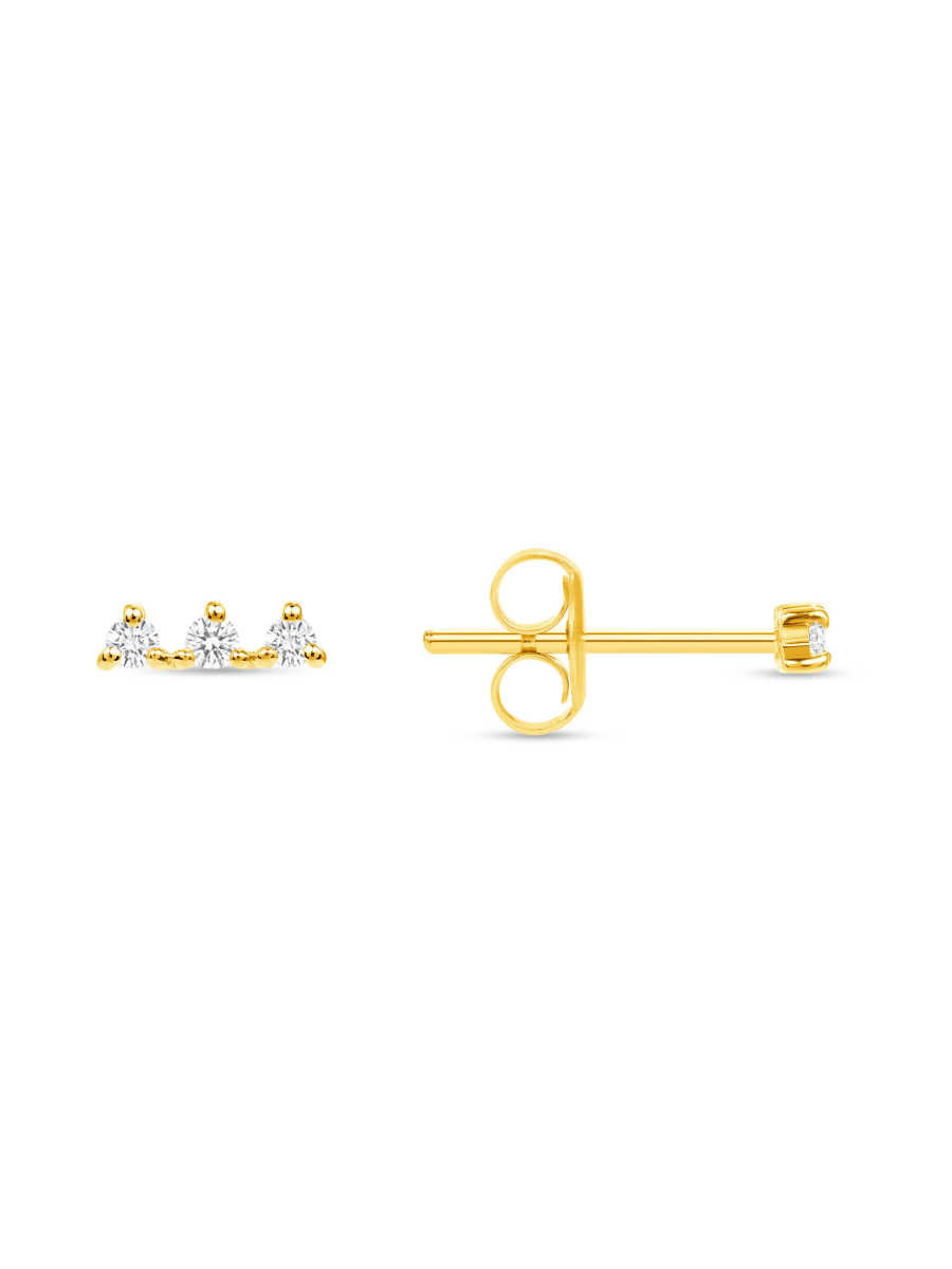 Three stone diamond earrings yellow gold on white background