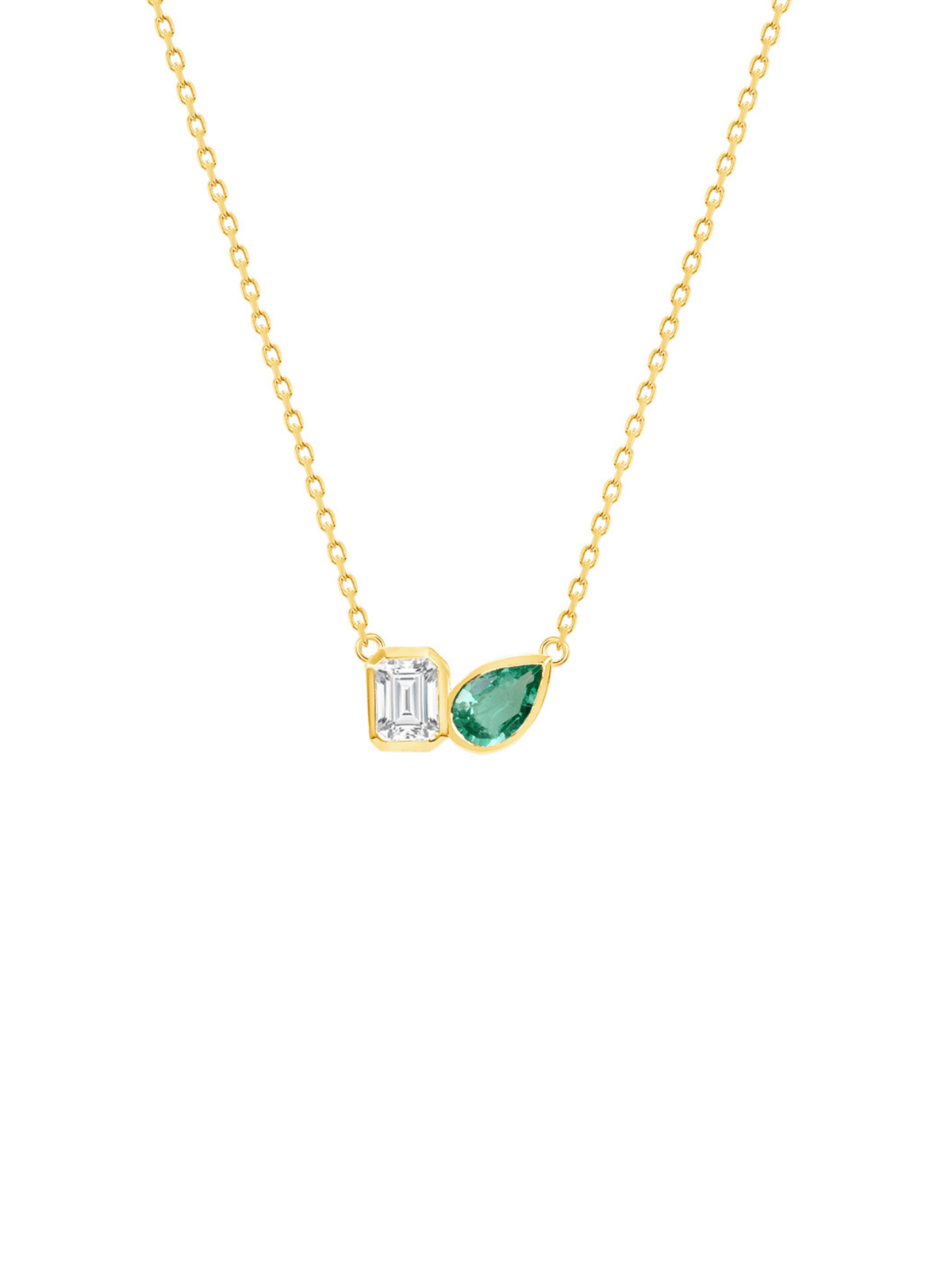 Emerald Pear & Emerald Cut Diamond Toi Et Moi Necklace 14K - LeMel