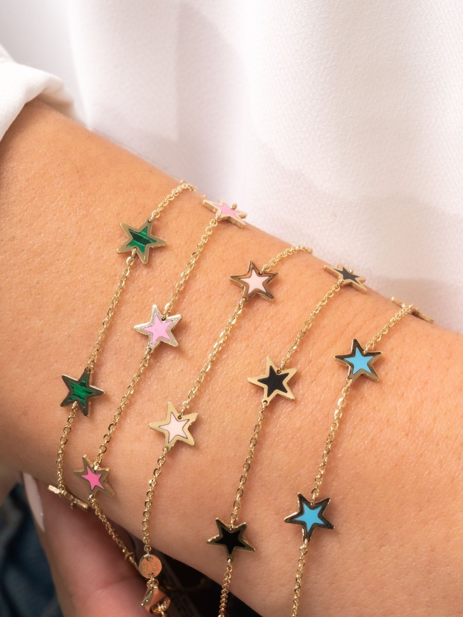 Moon & Star Gold Stretch Bracelet in Pink Enamel