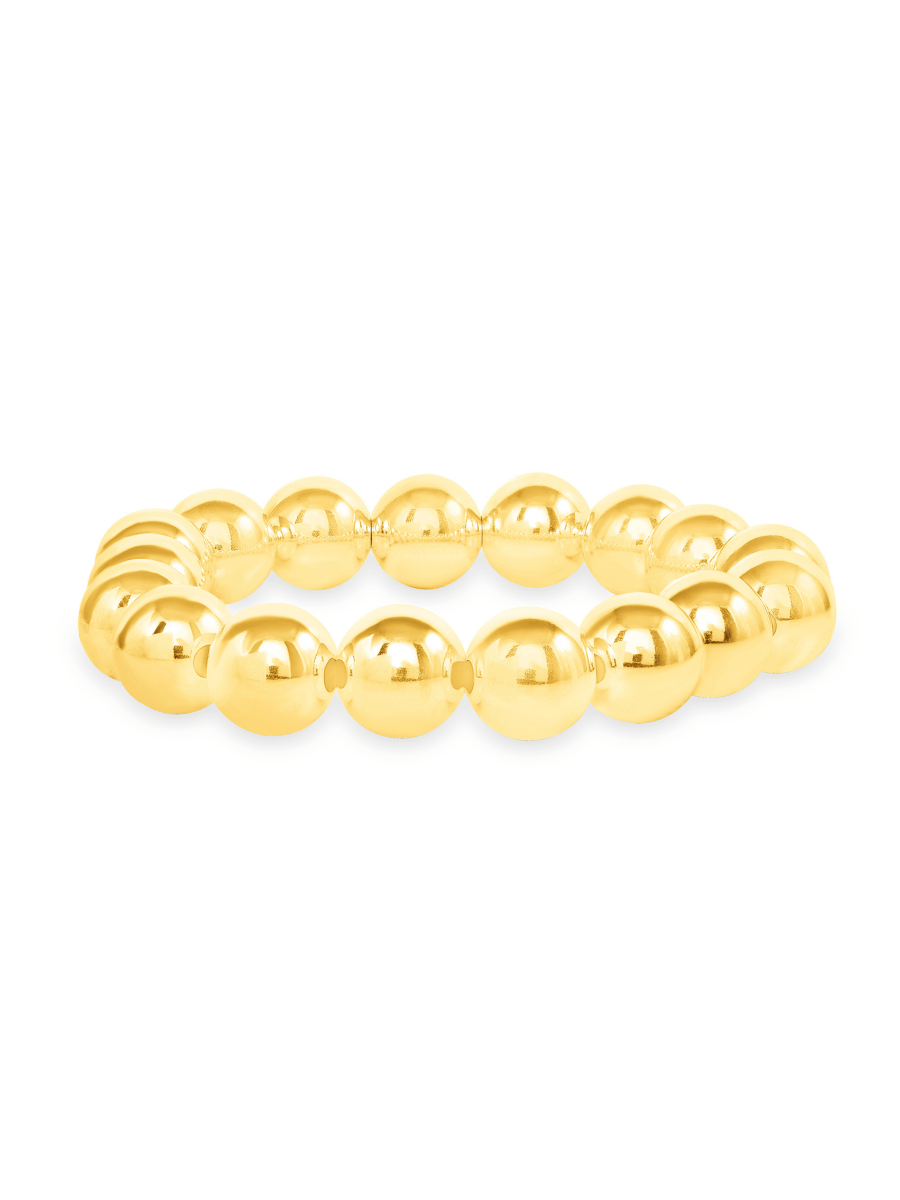 Gold beaded 10 mm bracelet on white background