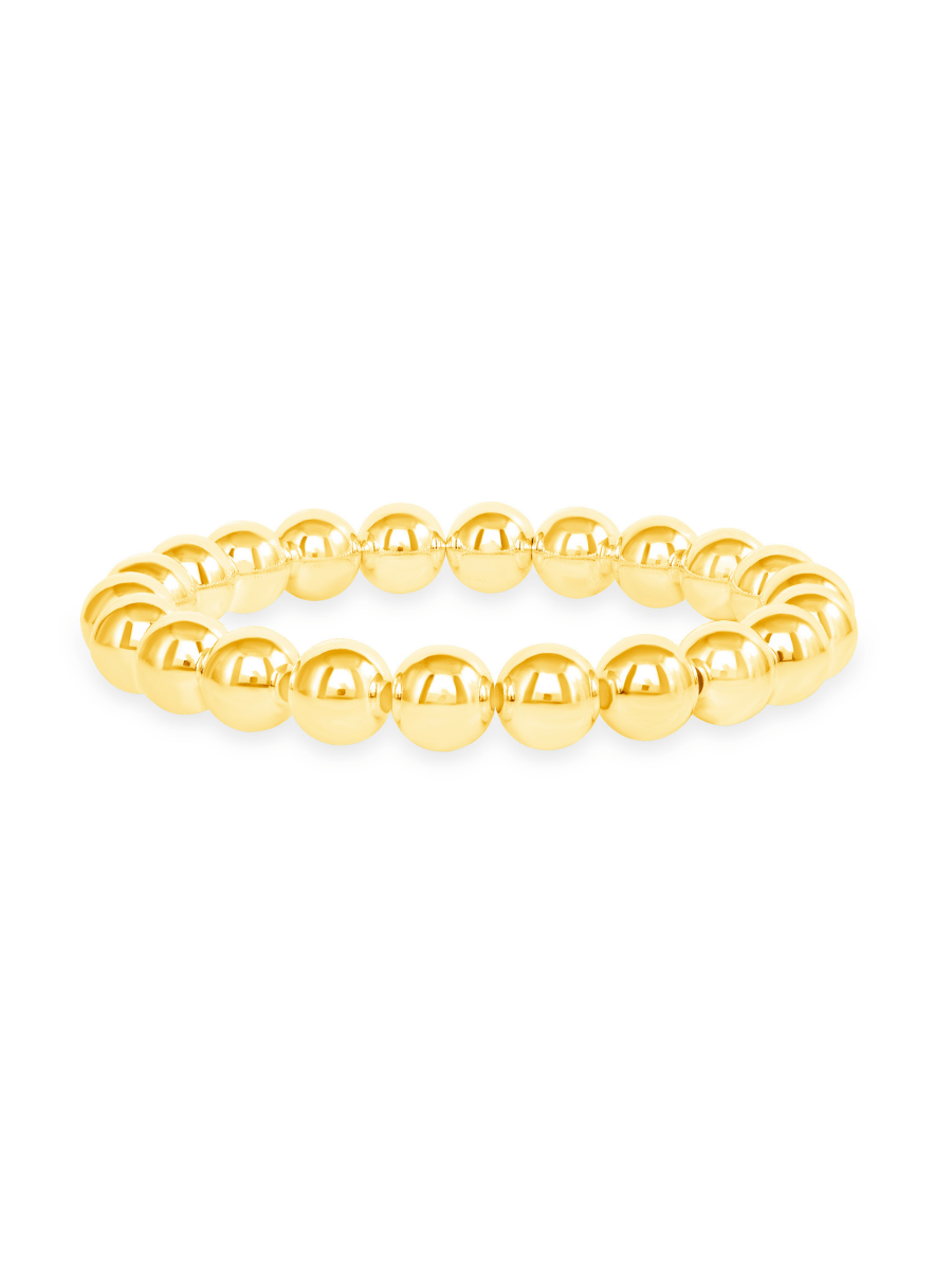 Gold 8mm bead stretch bracelet on white background