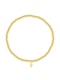 Image of: Gold beaded stretch bracelet with cross charm on white background