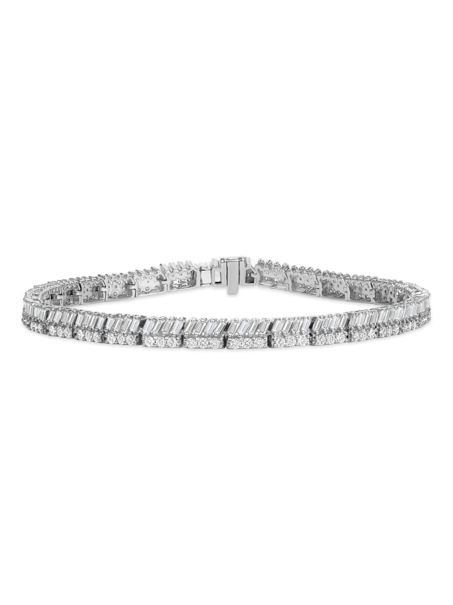 14K feather diamond tennis bracelet white gold on white background