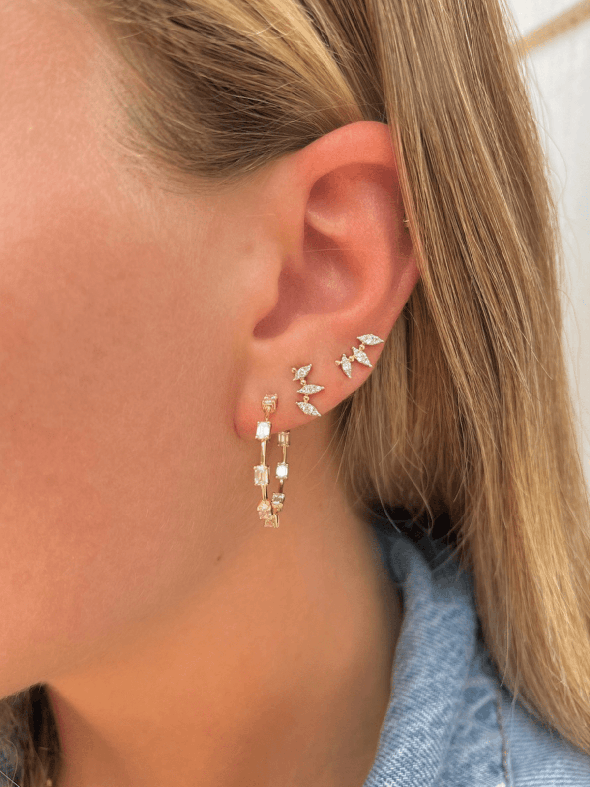 Floating Emerald Cut Diamond Hoop Earrings 14K - LeMel