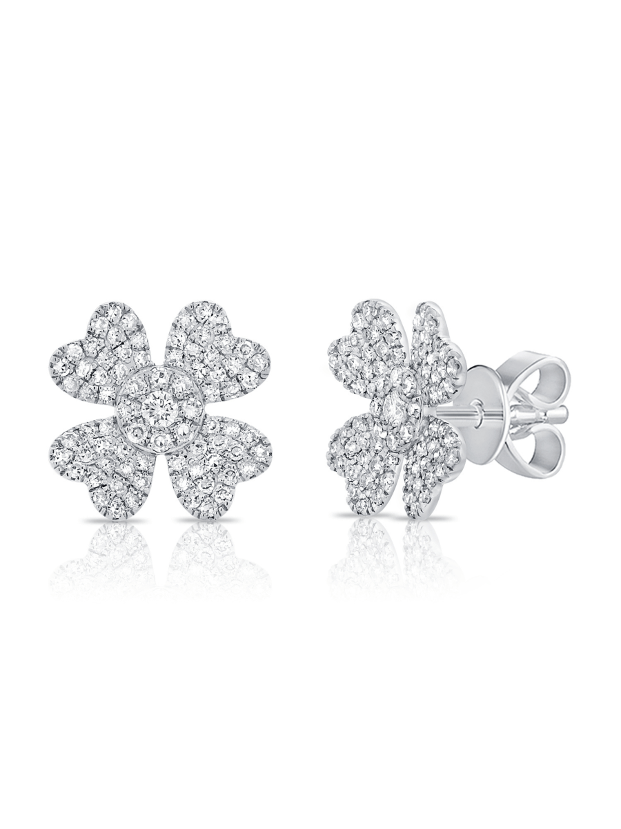 Pave flower earrings white gold on white background