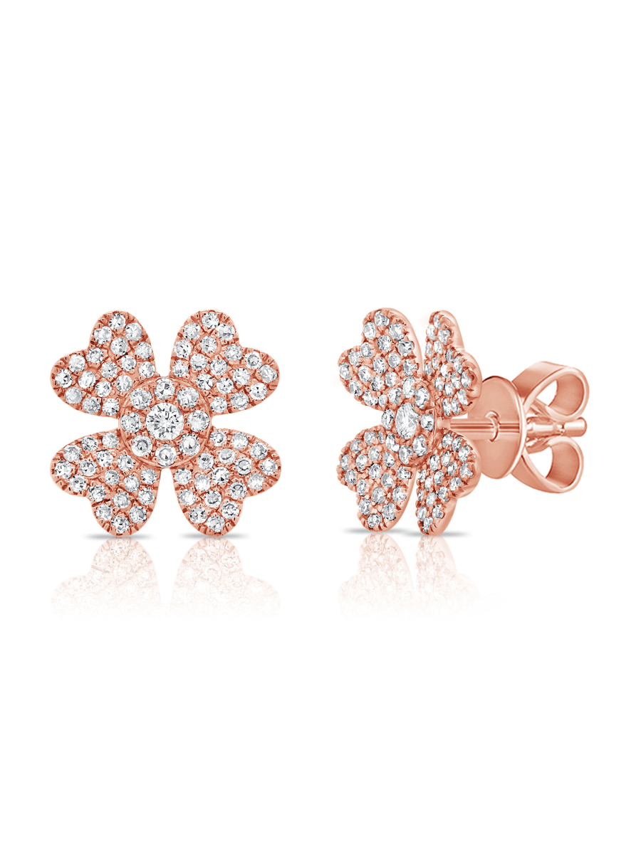 Pave flower earrings rose gold on white background