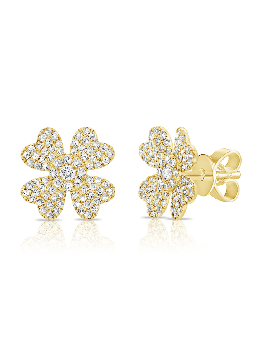 Pave flower earrings yellow gold on white background