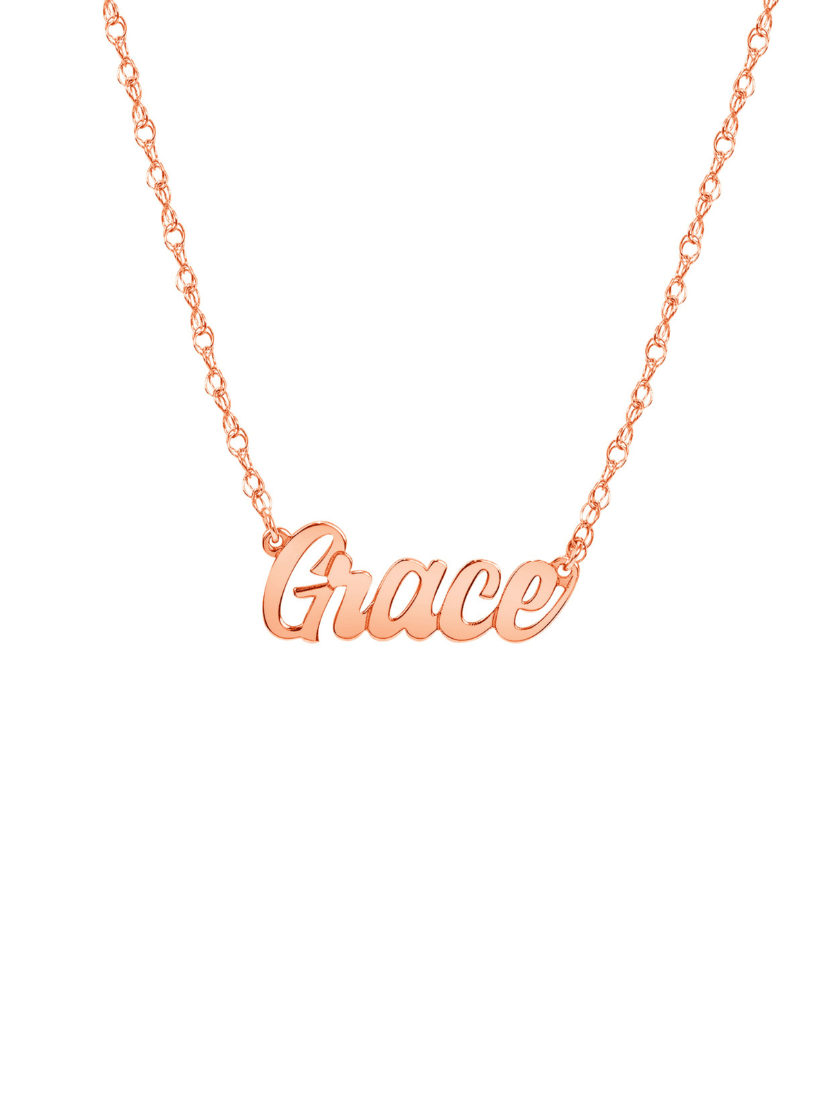 Rose gold script name necklace on white background
