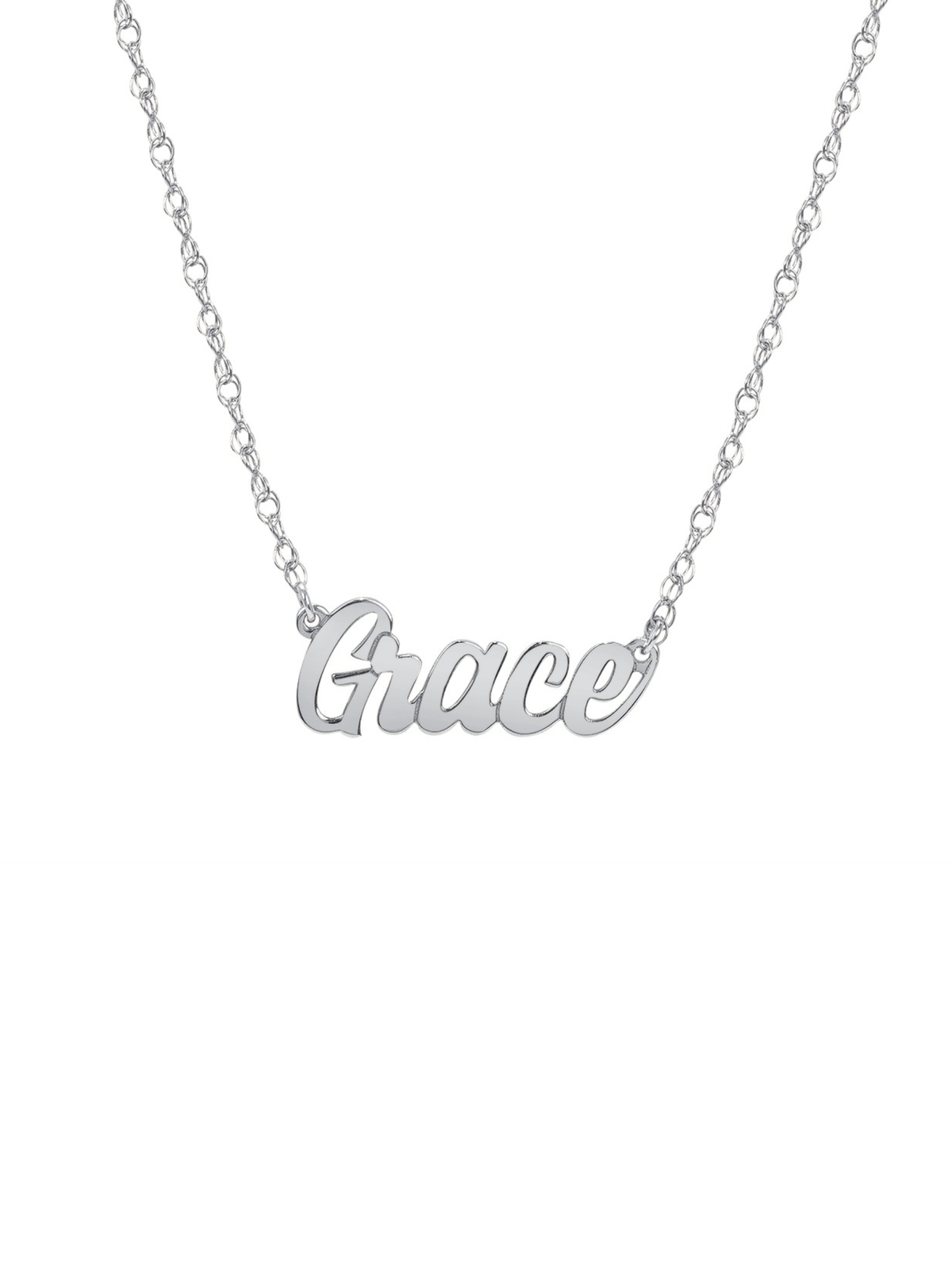 White gold script name necklace on white background