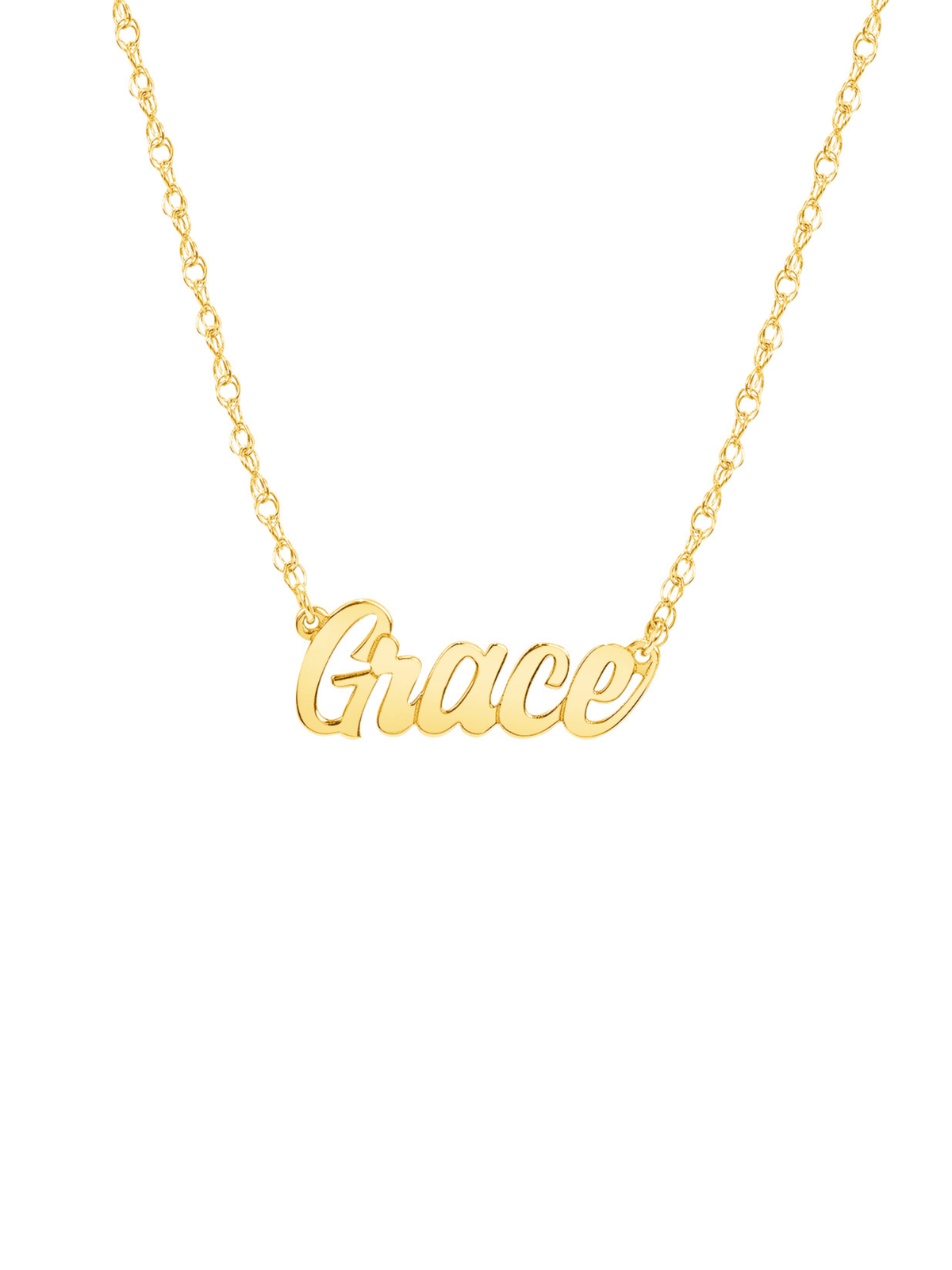 Yellow gold script name necklace on white background