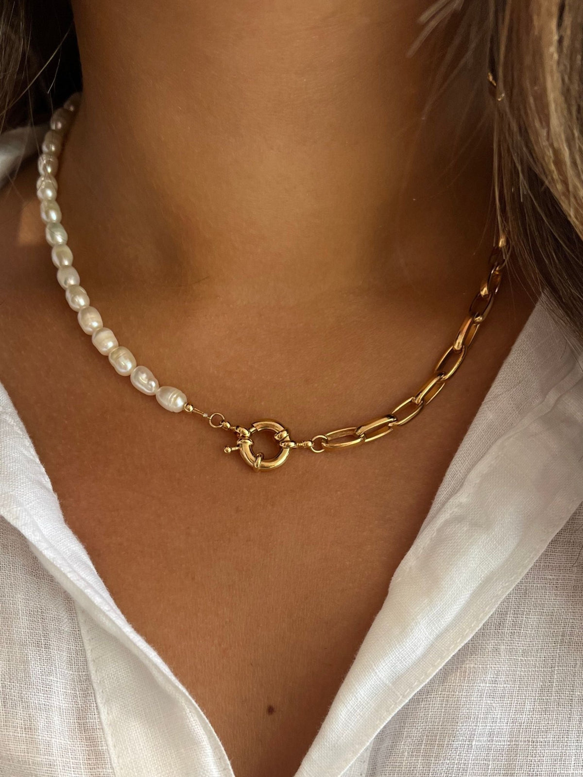 Half Pearl Chunky Chain Necklace - LeMel
