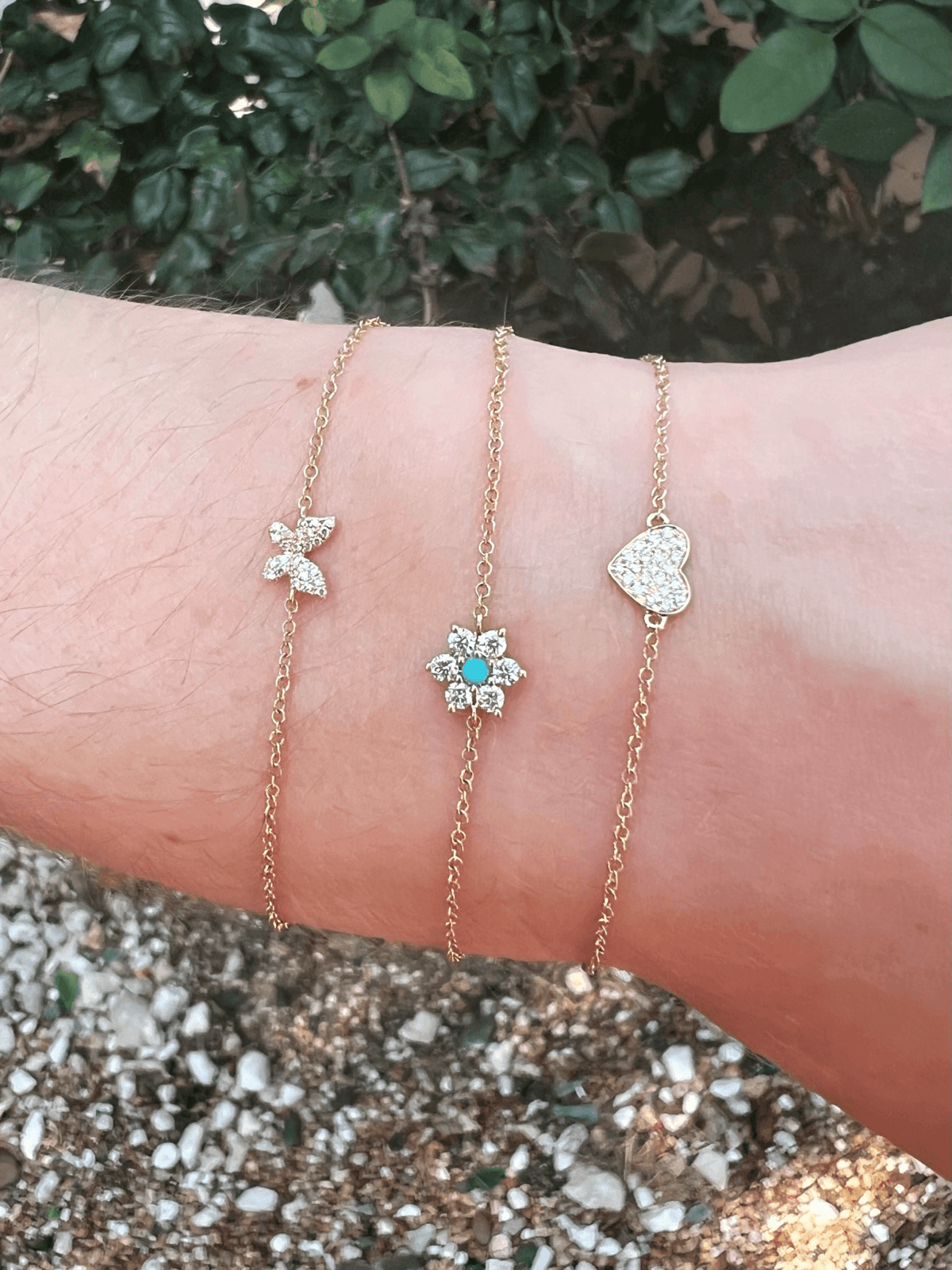 pave diamond single butterfly chain bracelet with turquoise and round diamond chain bracelet and single pave diamond heat chain bracelet on model