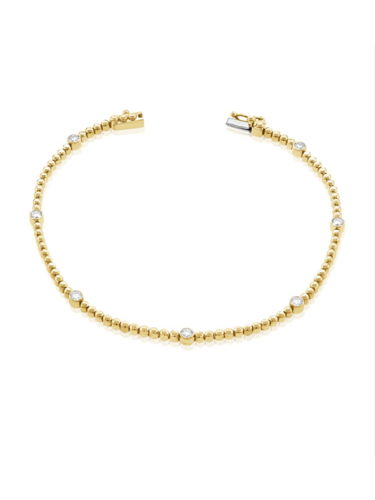 yellow gold beaded bracelet with bezel diamonds with white background