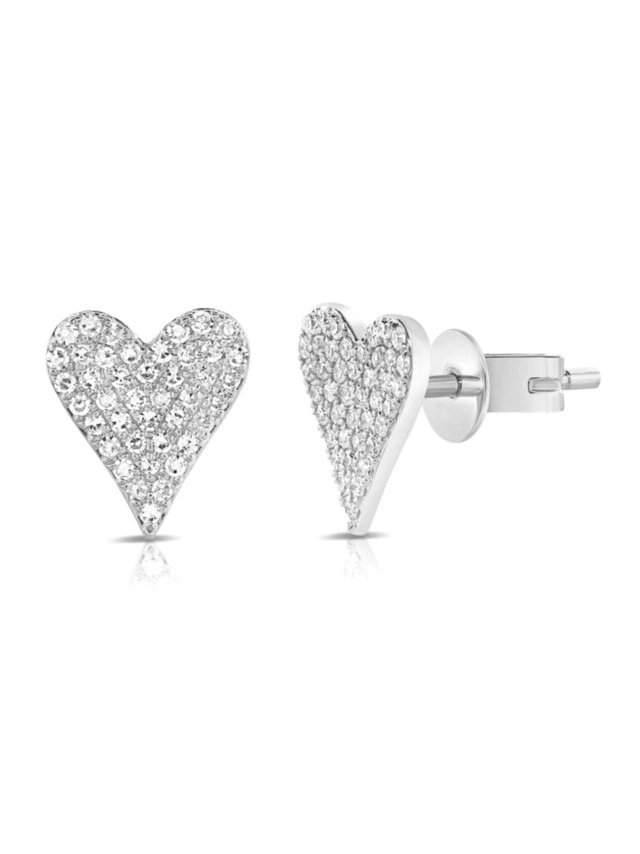 Pave heart earrings white gold and diamond on white background