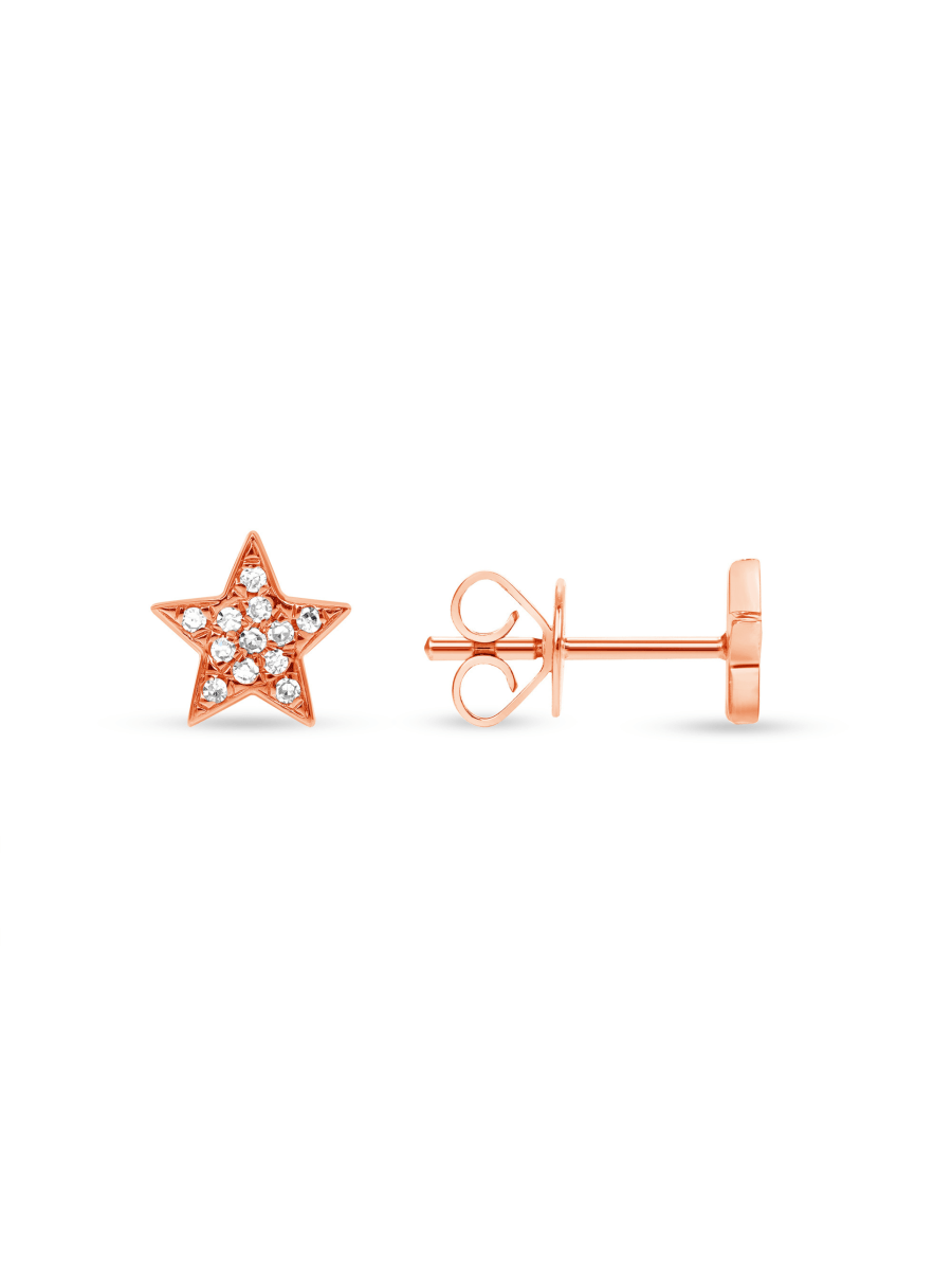 Gold star earring with diamonds and 14K rose gold on white background
