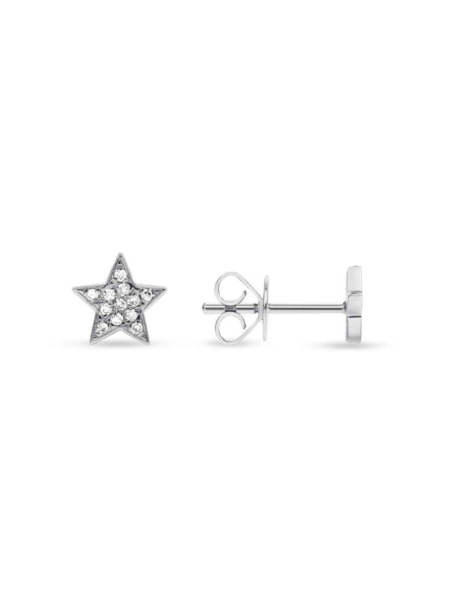 Gold star earring with diamonds and 14K white gold on white background