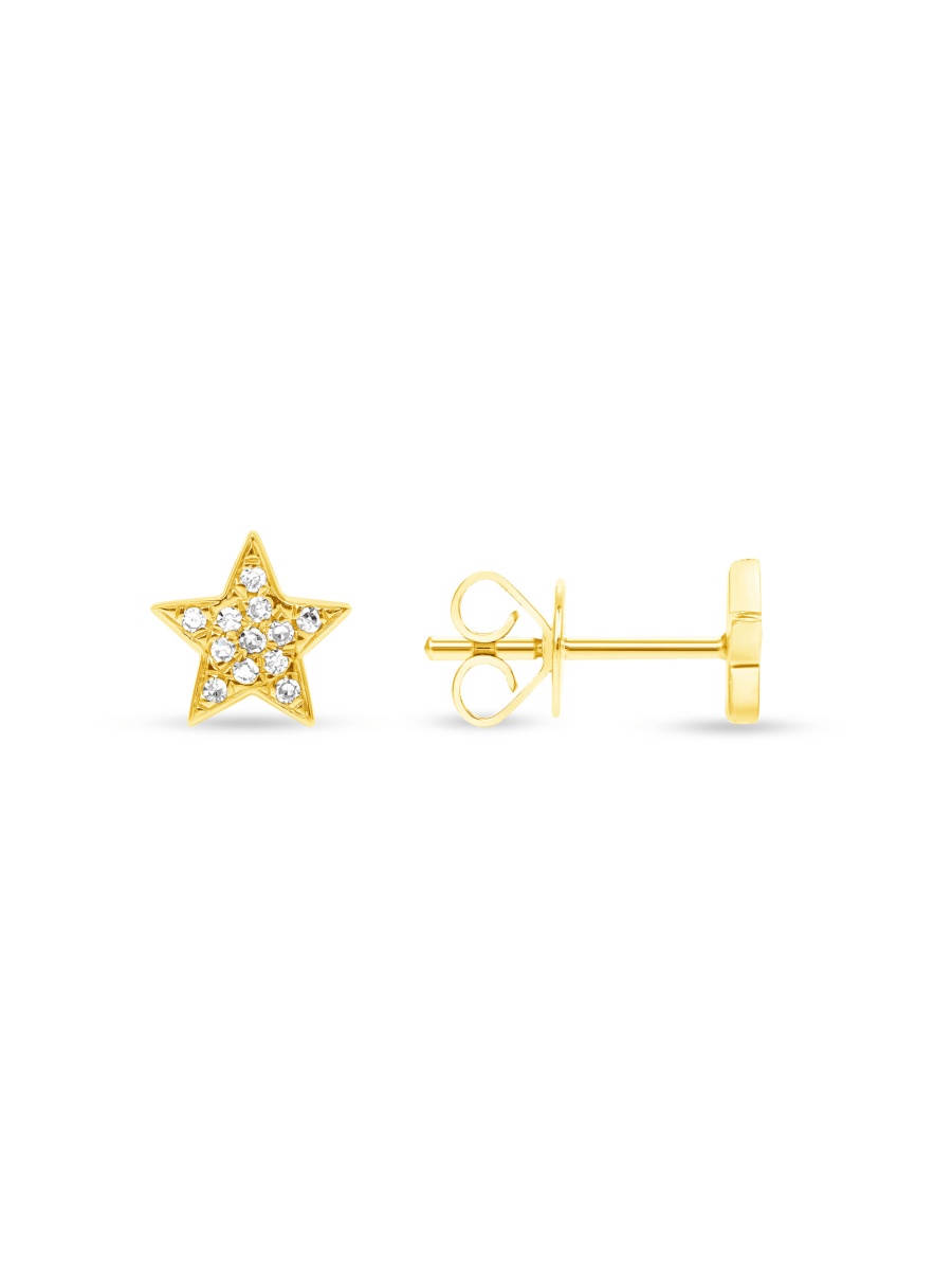 Gold star earring with diamonds and 14K yellow gold on white background