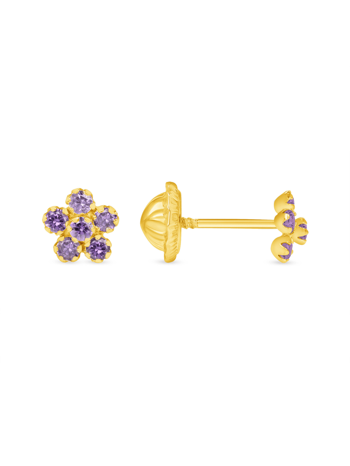 Flower stud earrings purple cz on white background