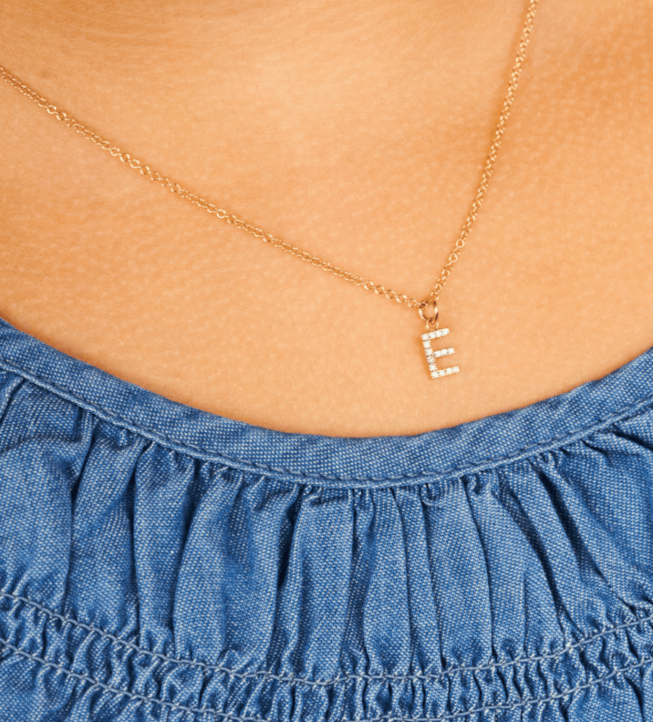 14K gold small diamond initial charm on dainty gold chain