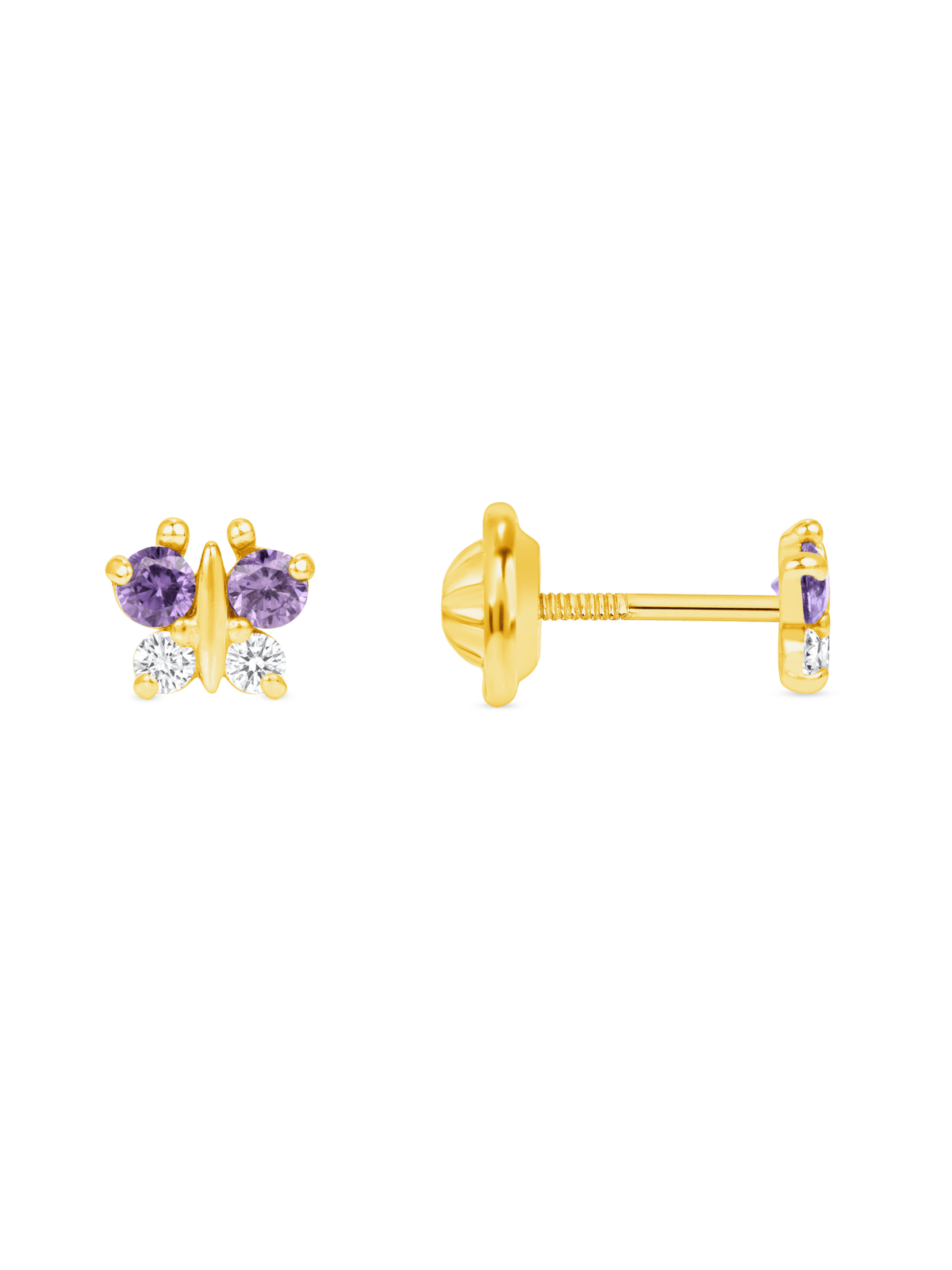 Purple butterfly stud earrings on white background