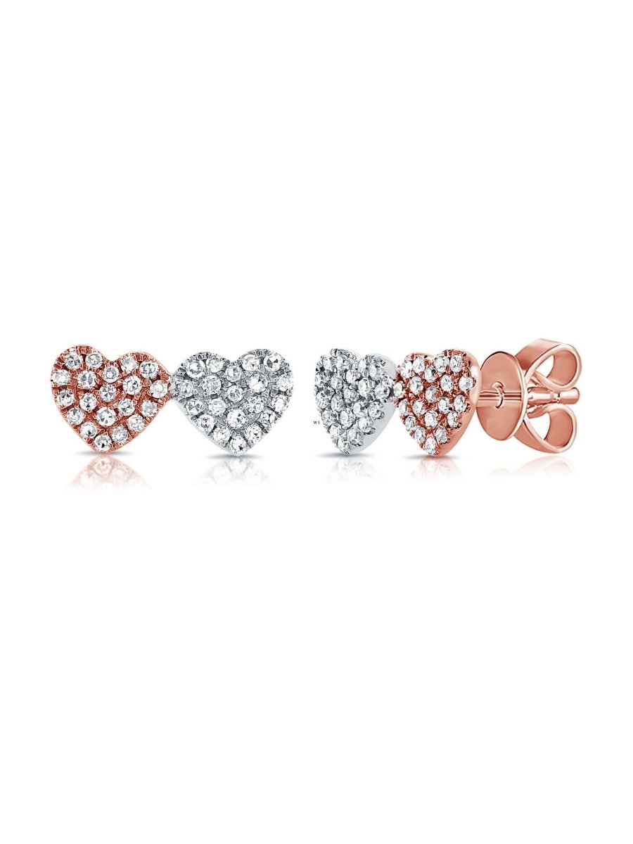 Diamond heart earrings 14K white and rose gold on white background