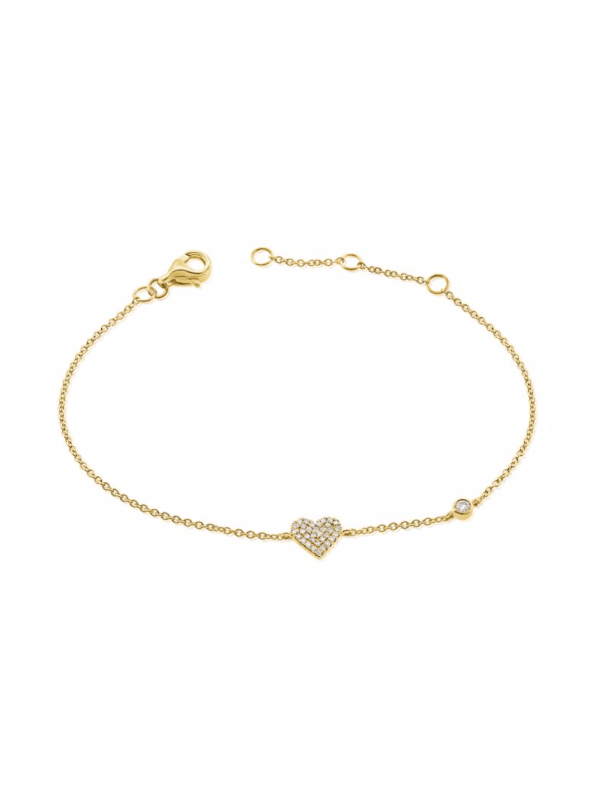 yellow gold diamond pave heart stationed bracelet with a bezel diamond on white background