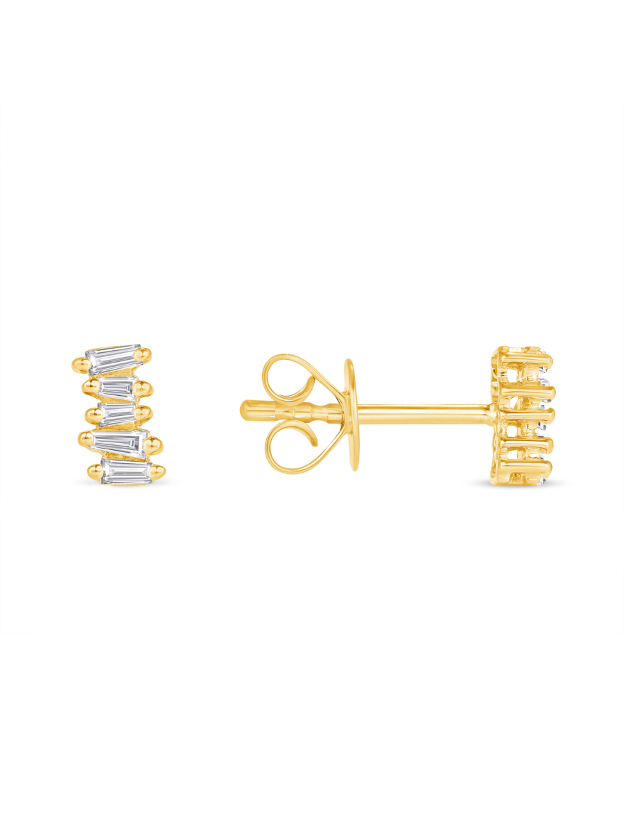 Baguette diamond earrings 14K yellow gold on white background