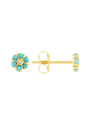 Mini Turquoise Flower Stud Earrings 14K