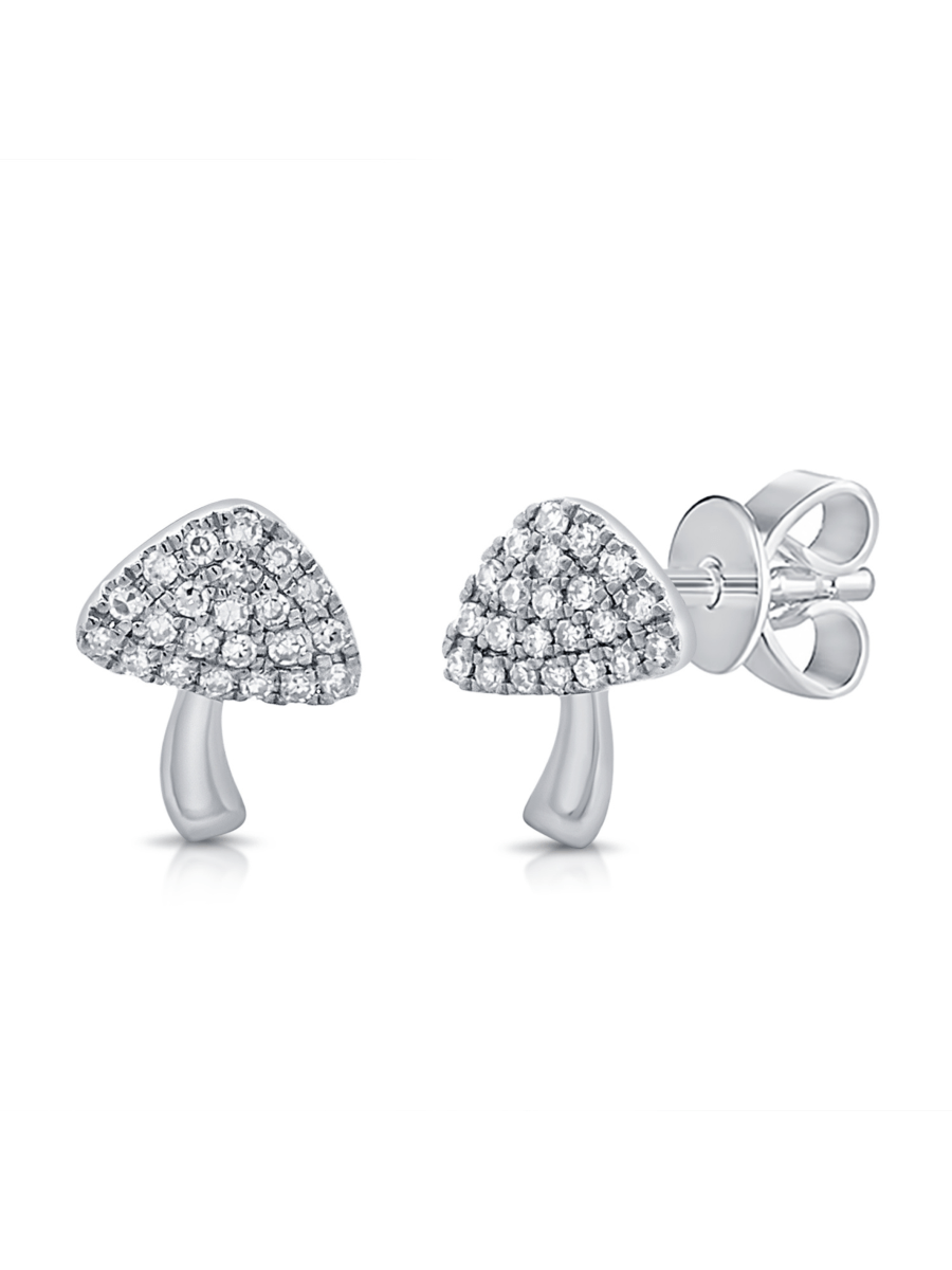 Mushroom earrings with diamonds and 14K white gold on white background