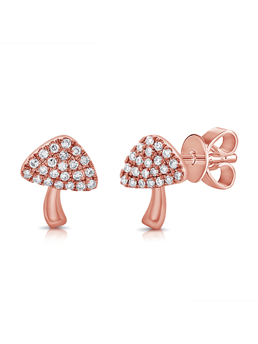 Mushroom earrings with diamonds and 14K rose gold on white background