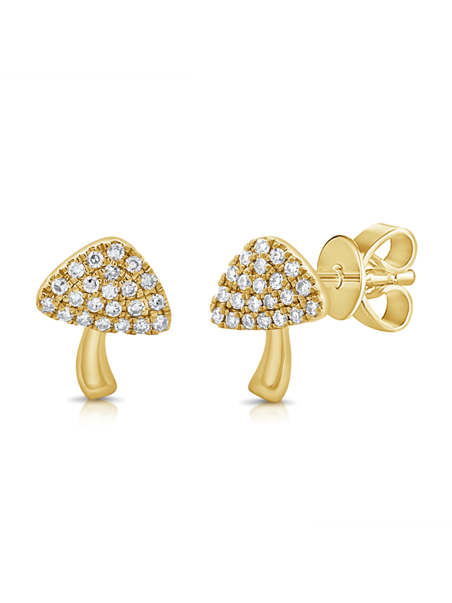 Mushroom earrings with diamonds and 14K yellow gold on white background