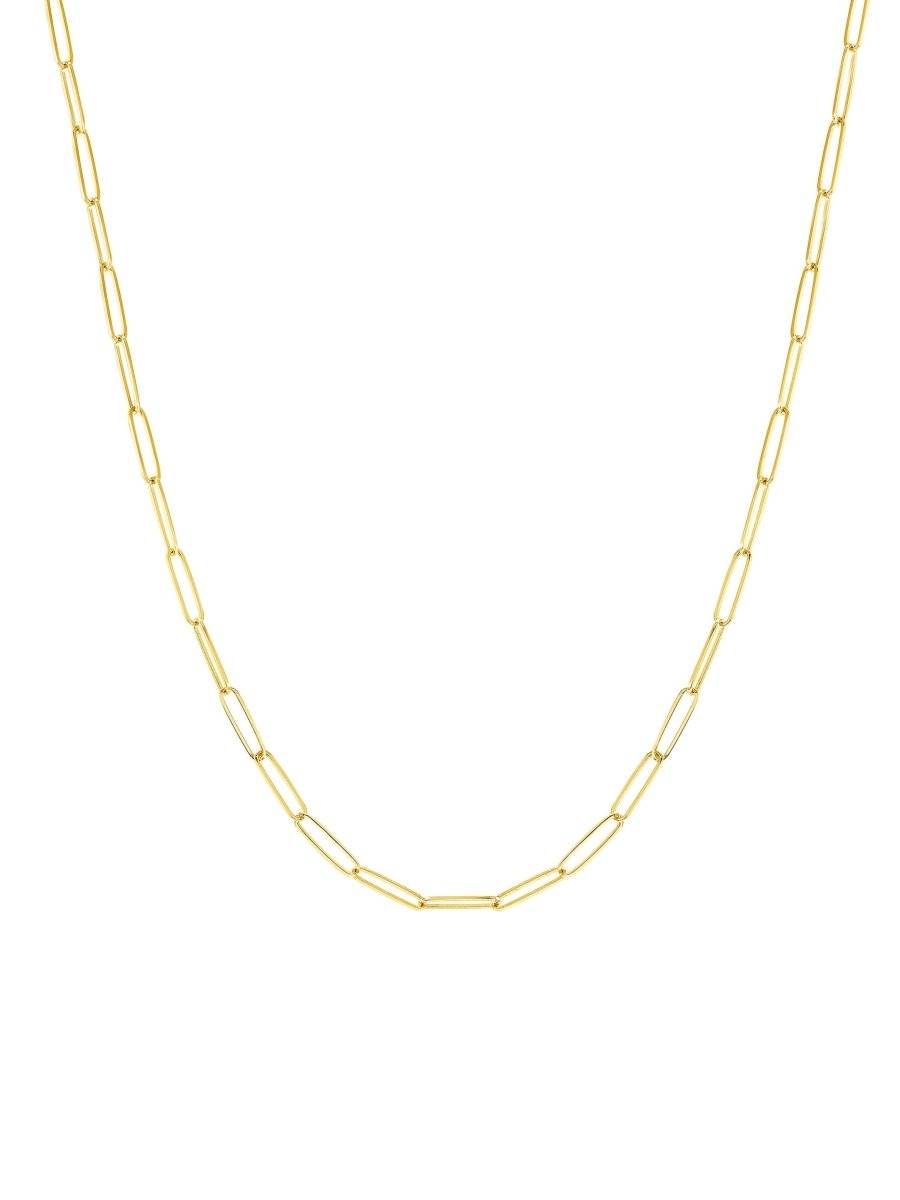 Gold paperclip chain necklace on a white background