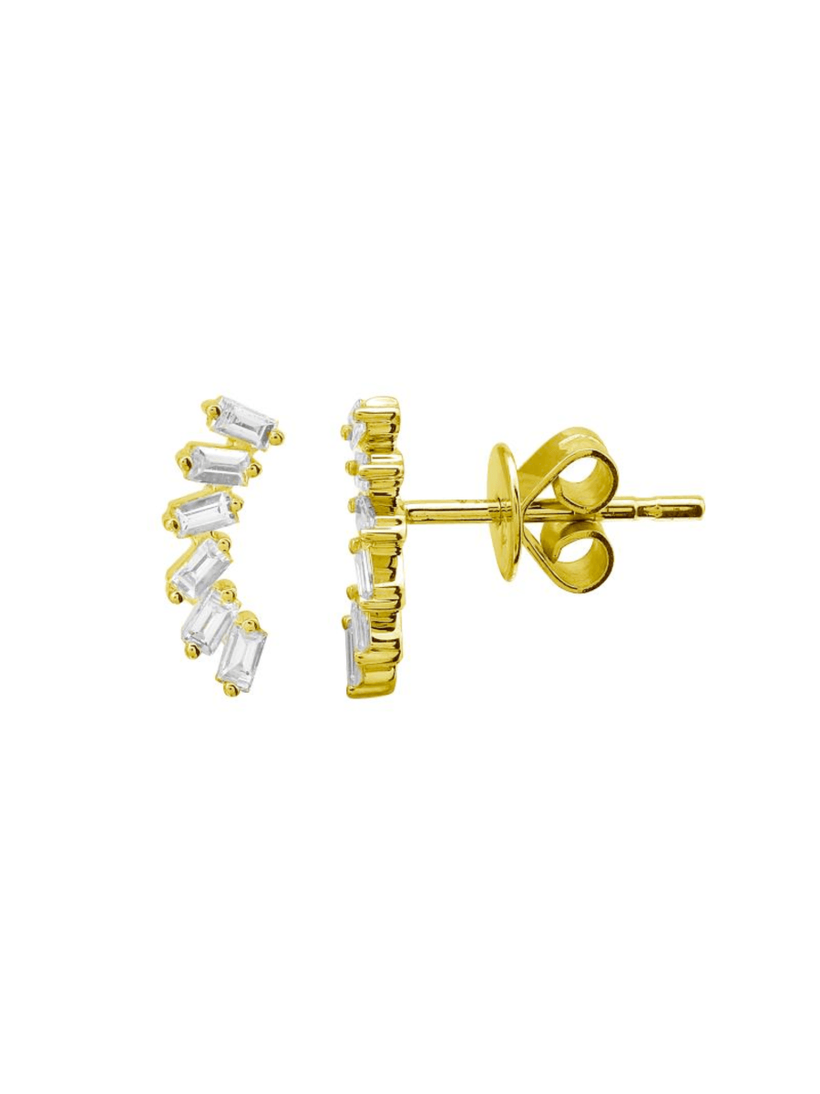 Baguette diamond stud earrings yellow gold on white background