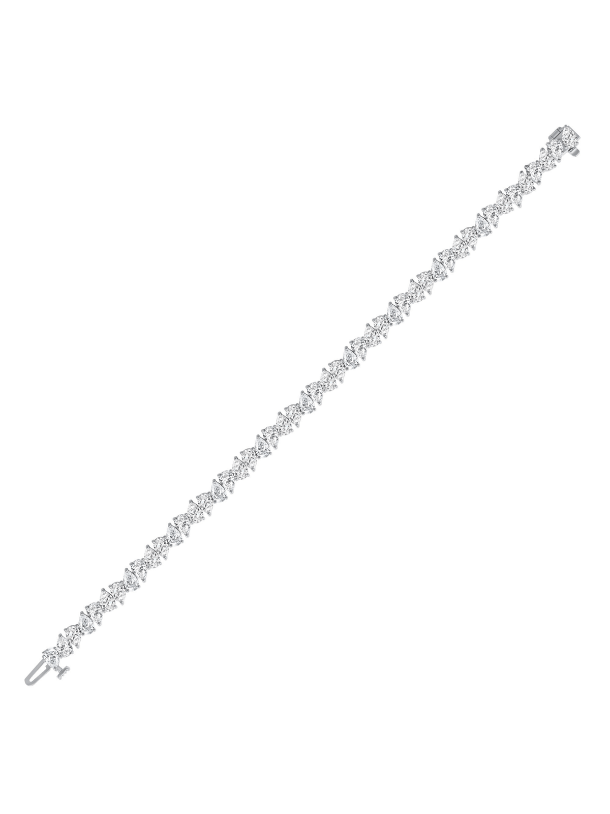 Pear shape diamond tennis bracelet in 18K white gold set on a white background