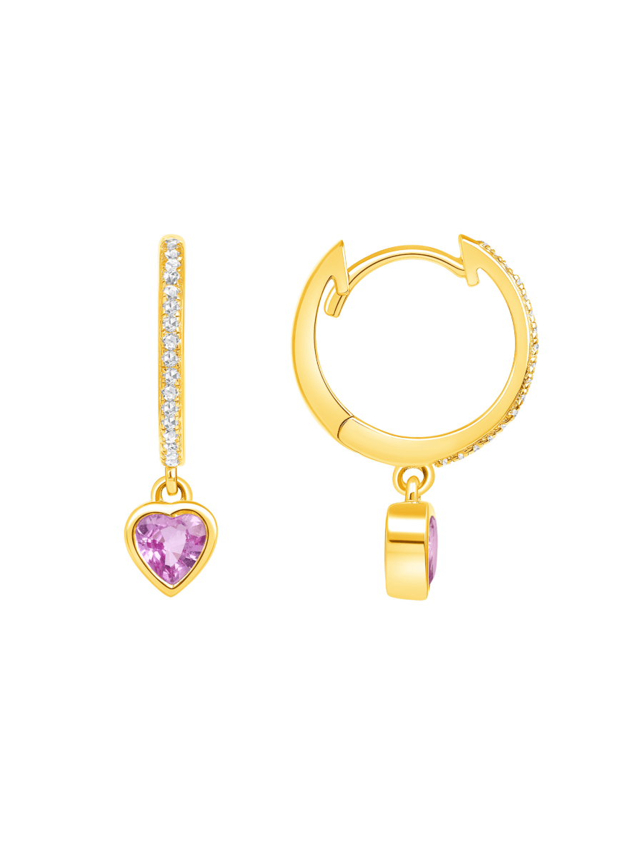 Pink Sapphire Heart Charm Huggie Earring 14K - LeMel