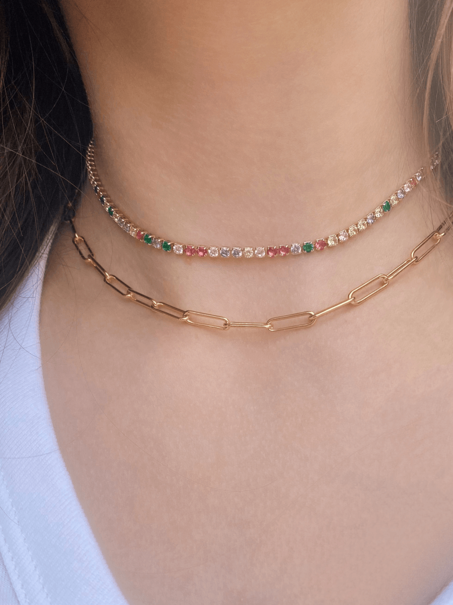 Rainbow CZ choker layered with gold paperclip chain