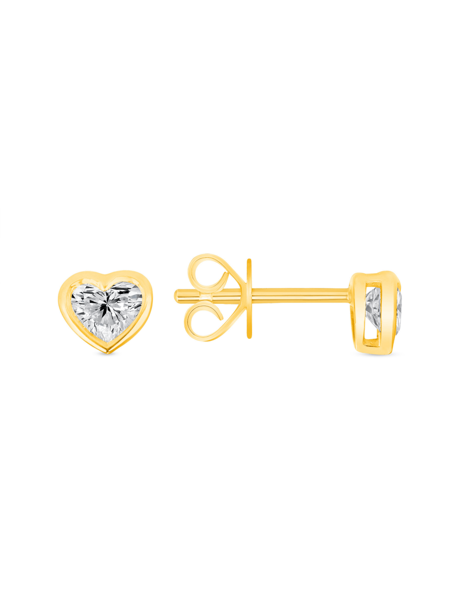 Diamond heart stud earrings 14K yellow gold on white background