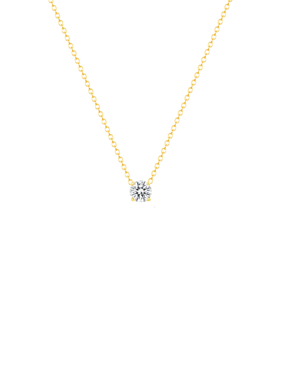 Round diamond necklace 14K yellow gold on white background