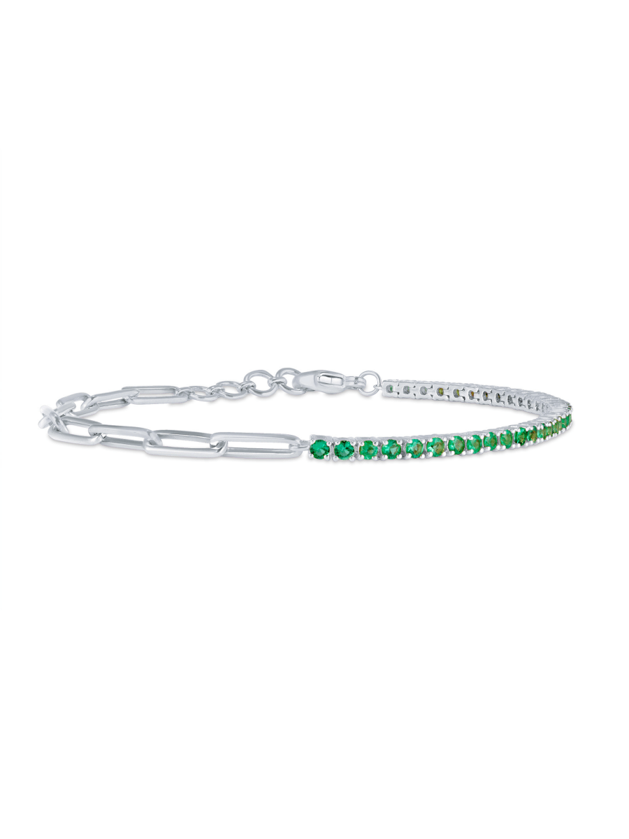 Half emerald tennis bracelet in 14K white gold on white background