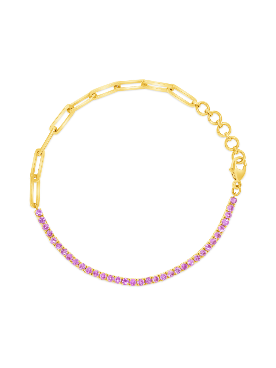 14K pink sapphire tennis bracelet with gold chain on white background