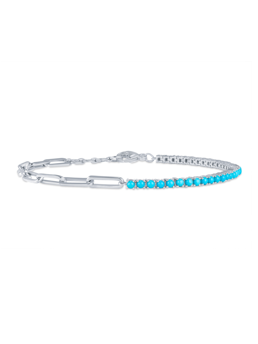 14K white gold half paperclip chain half turquoise tennis bracelet on white background