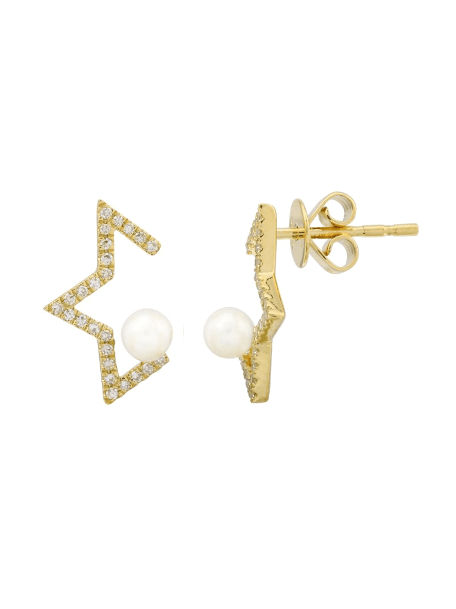 Pearl star earrings with diamonds on white background