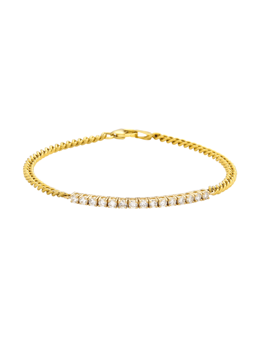 14K yellow gold diamond tennis bracelet on white background