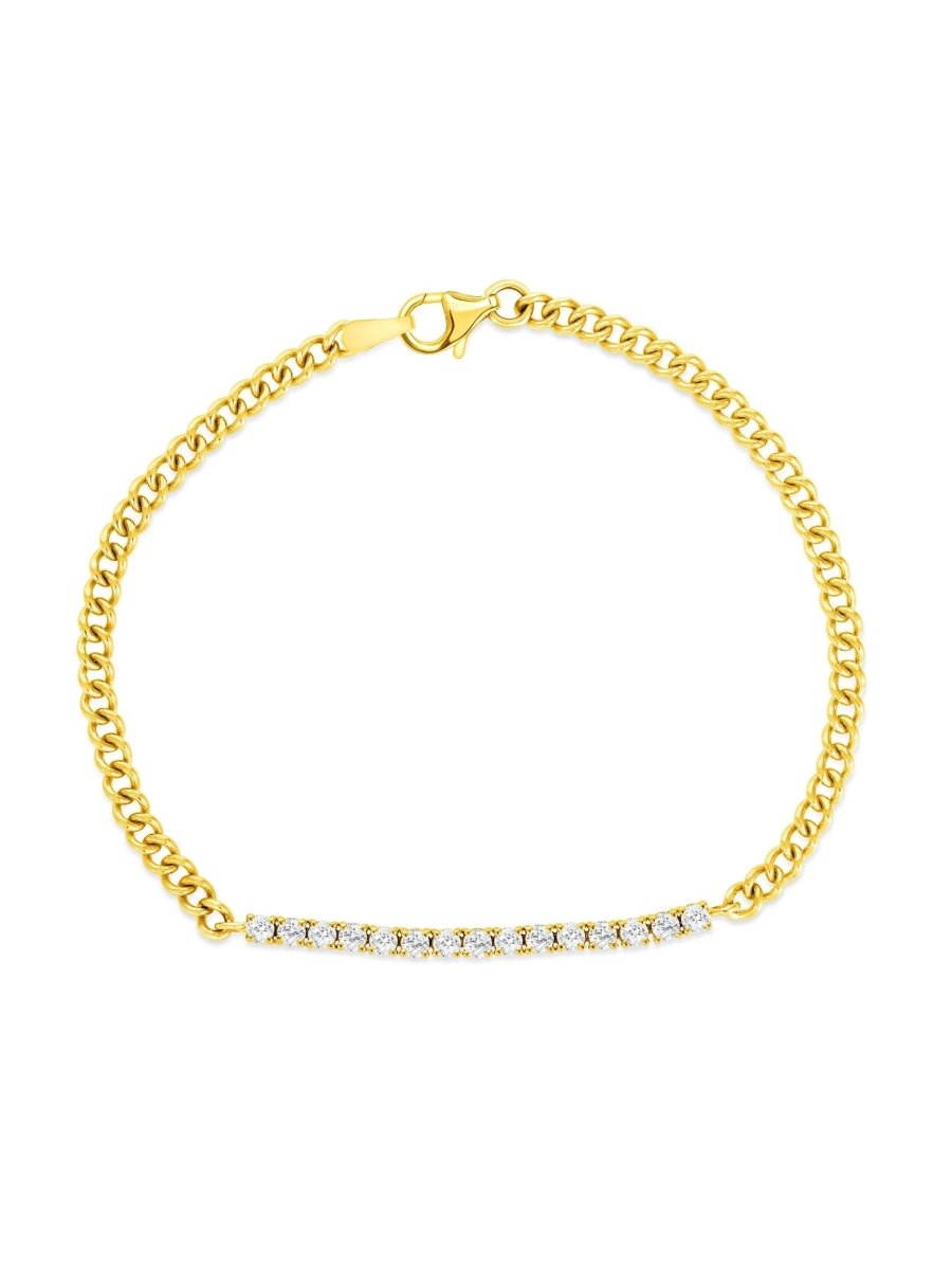 14K yellow gold diamond tennis bracelet on white background