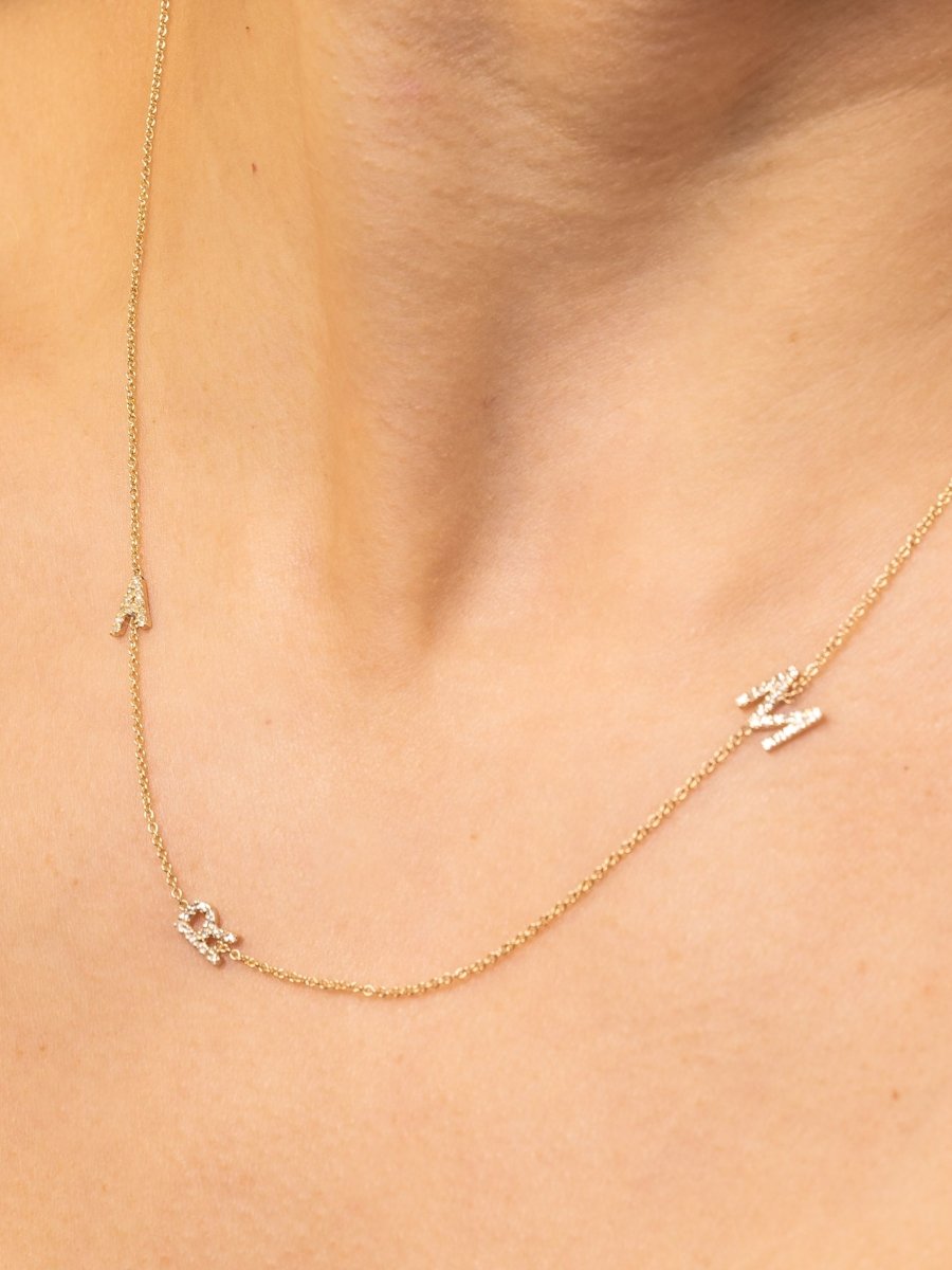 Diamond initial charms on dainty yellow gold chain