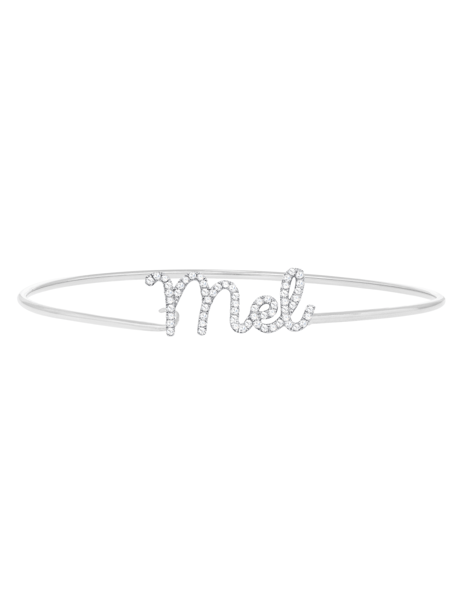 14K gold diamond name bangle in white gold