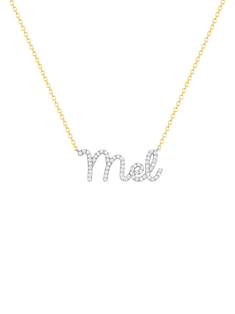 Personalized 14K white gold diamond name charm on dainty 14K yellow gold chain