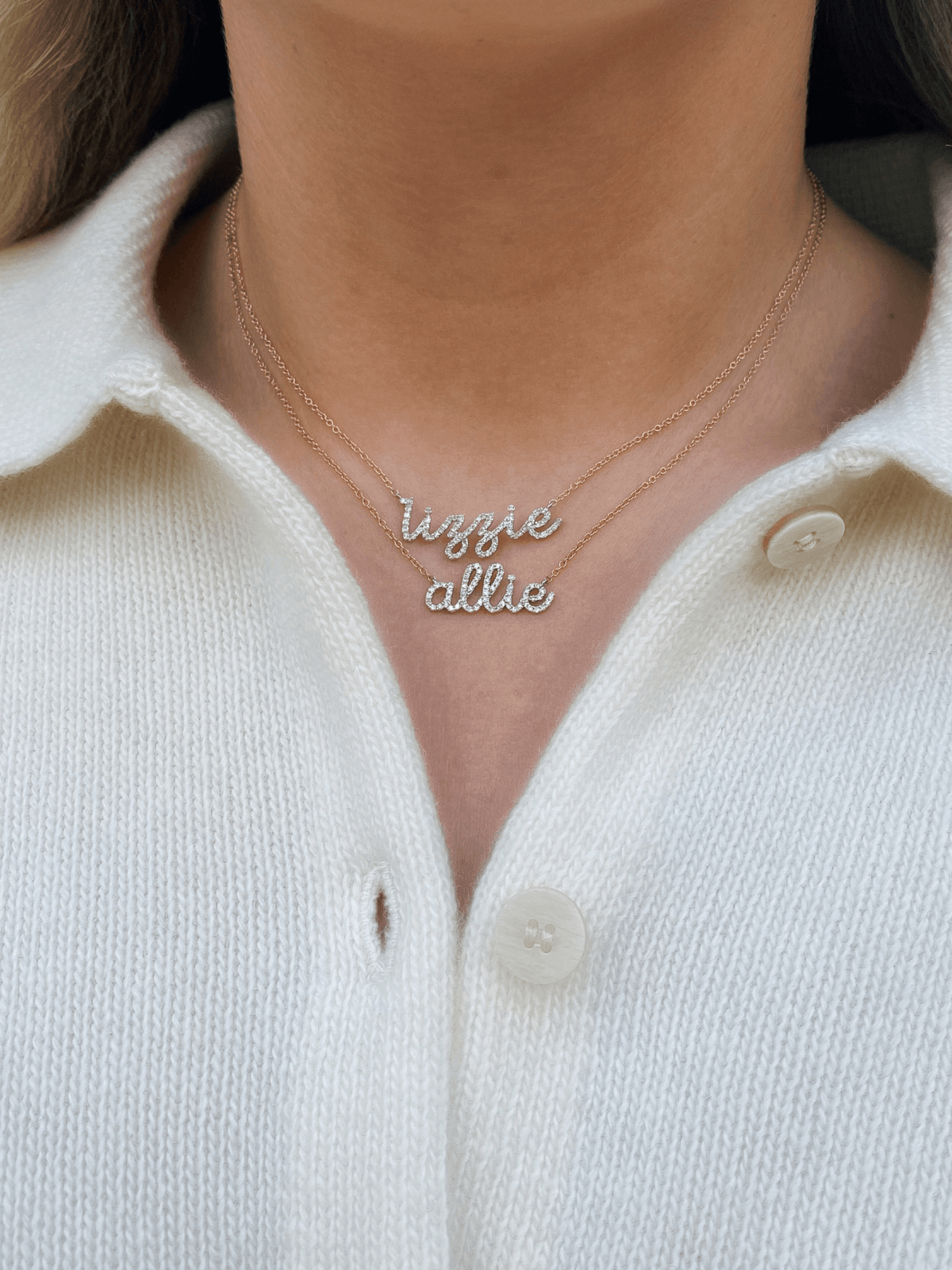 Two 14K diamond name charm necklaces on dainty gold chains
